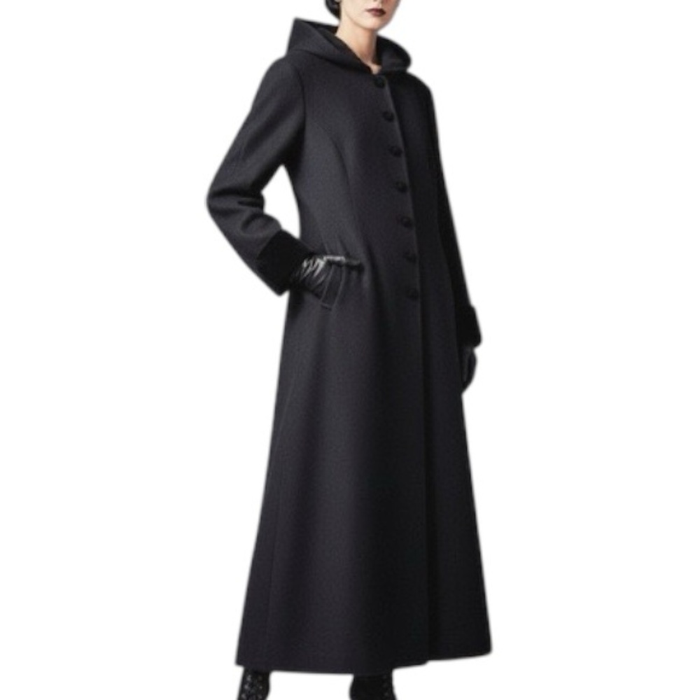 Vintage MDP Mario De Pinto Black Wool Hooded Coat Velvet Trim Women 18T USA